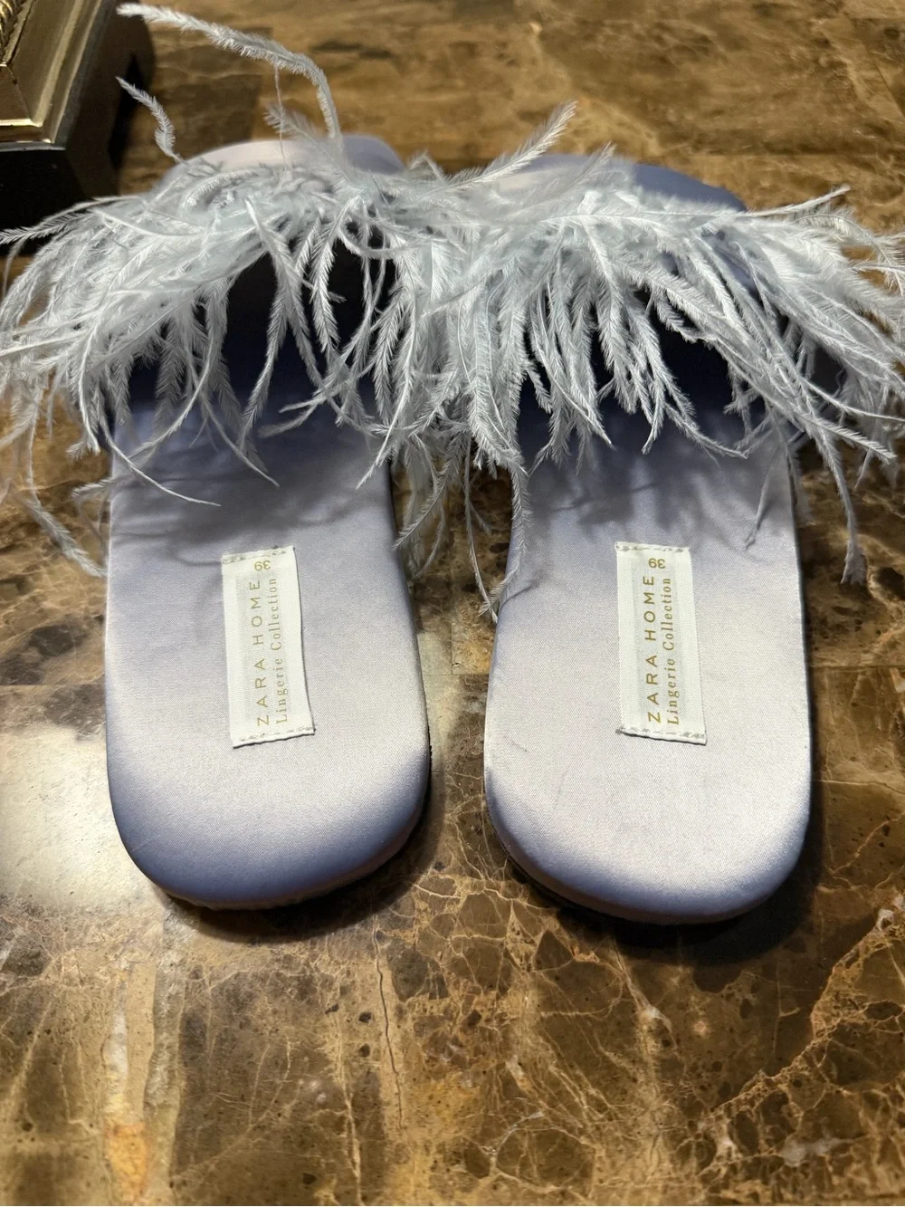 Zara Feather-Trim Satin Slides in Pale Lilac - Picture 5 of 9
